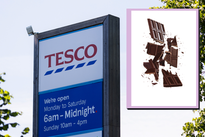 Tesco opening times sign with bar of chocolate in split picture layout