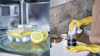 A split image of lemons and vinegar being used to clean with.