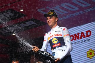 LECCE ITALY MAY 13 Mathias Vacek of Czech Republic and Team Lidl Trek White Best Young Rider Jersey celebrates at podium during the 108th Giro dItalia 2025 Stage 4 a 189km stage from Alberobello Pietramadre to Lecce UCIWT on May 13 2025 in Lecce Italy Photo by Tim de WaeleGetty Images
