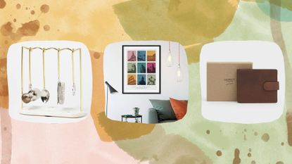 A composite image of three of the best Father's Day gifts for 2023 again a watercolour pink, yellow and green abstract background
