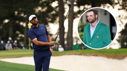 The Masters Special Bets 2024: Scottie Scheffler hitting a shot at Augusta National and wearing the Green Jacket