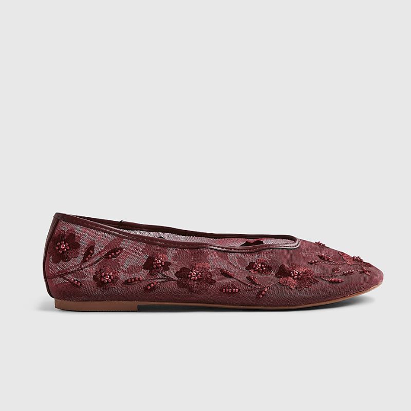 River Island , Red Floral Embroidered Mesh Ballet Pumps