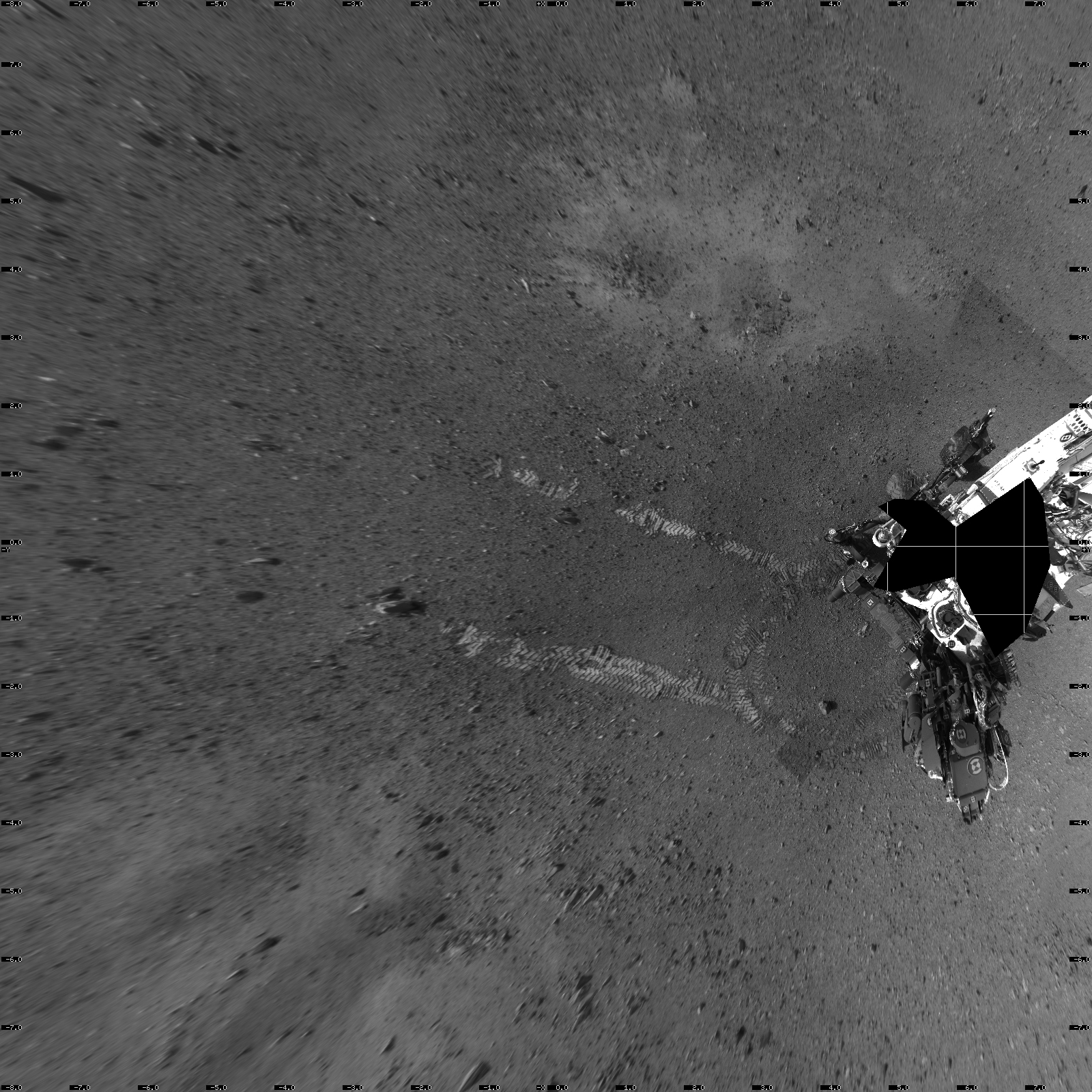 NASA's Mars rover Curiosity took this image its landing site "Bradbury Landing" on Aug. 22, 2012, after a successful test drive. The landing site is named in honor of the late science fiction author Ray Bradbury, and taken on what would have been his 92nd birthday.