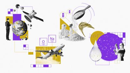 Photo composite illustration of environmental science imagery including sodium batteries, genetically engineered rice, a CO2 tracking satellite and microplastics in water