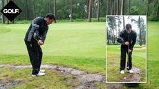 PGA pro Dan Grieve hitting a pitch shot from a muddy lie at Woburn
