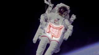 A photo of an astronaut with the large and small intestine textbook image overlain.