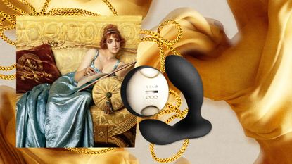 collage of woman reclining, gold detailing, and luxury sex toy