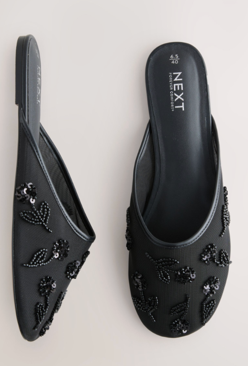 Next, Embellished Mesh Embroidery Mules