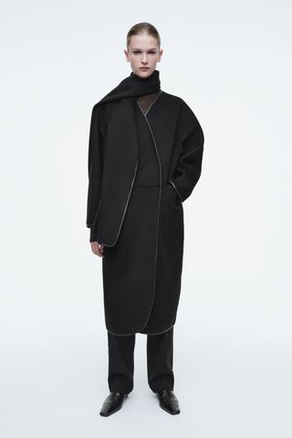 Leather-Trimmed Wool Scarf Coat