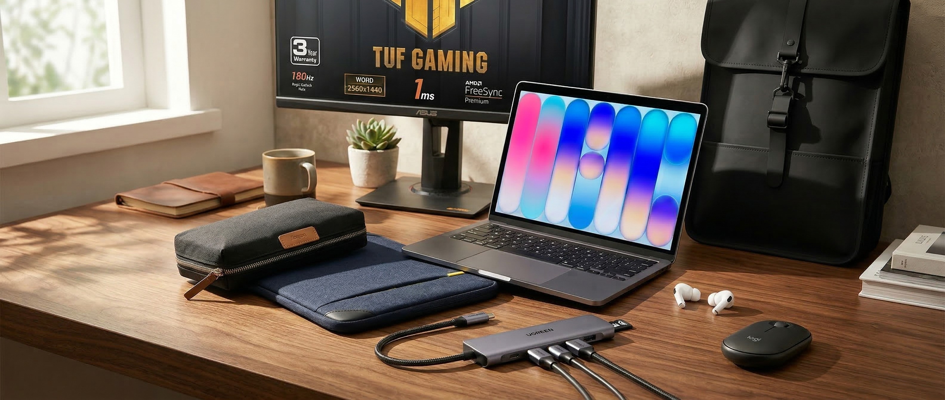 MacBook Neo on desk with accessories