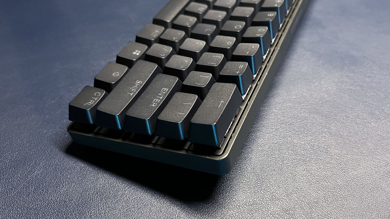 angled close up of right corner of SteelSeries Apex Pro Mini gaming keyboard