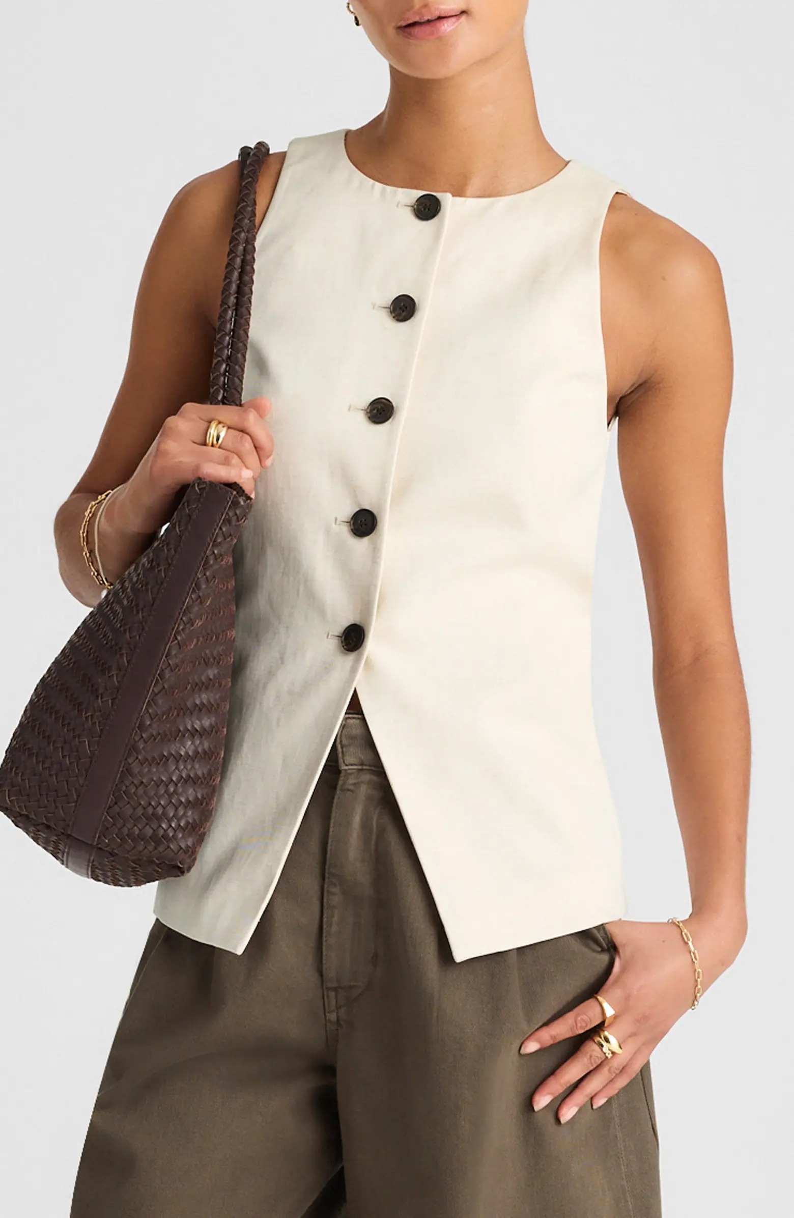 Crewneck Cutaway Drapey Twill Vest