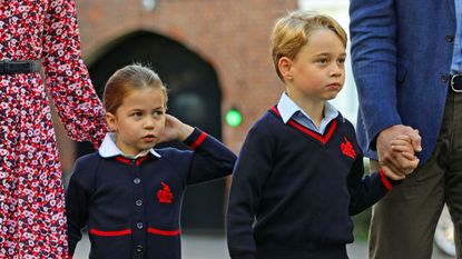 britains princess charlotte of cambridge, with her brother, britains prince george of cambridge, arrives for her first day of school at thomass battersea in london on september 5, 2019 photo by aaron chown pool afp photo credit should read aaron chownafp via getty images