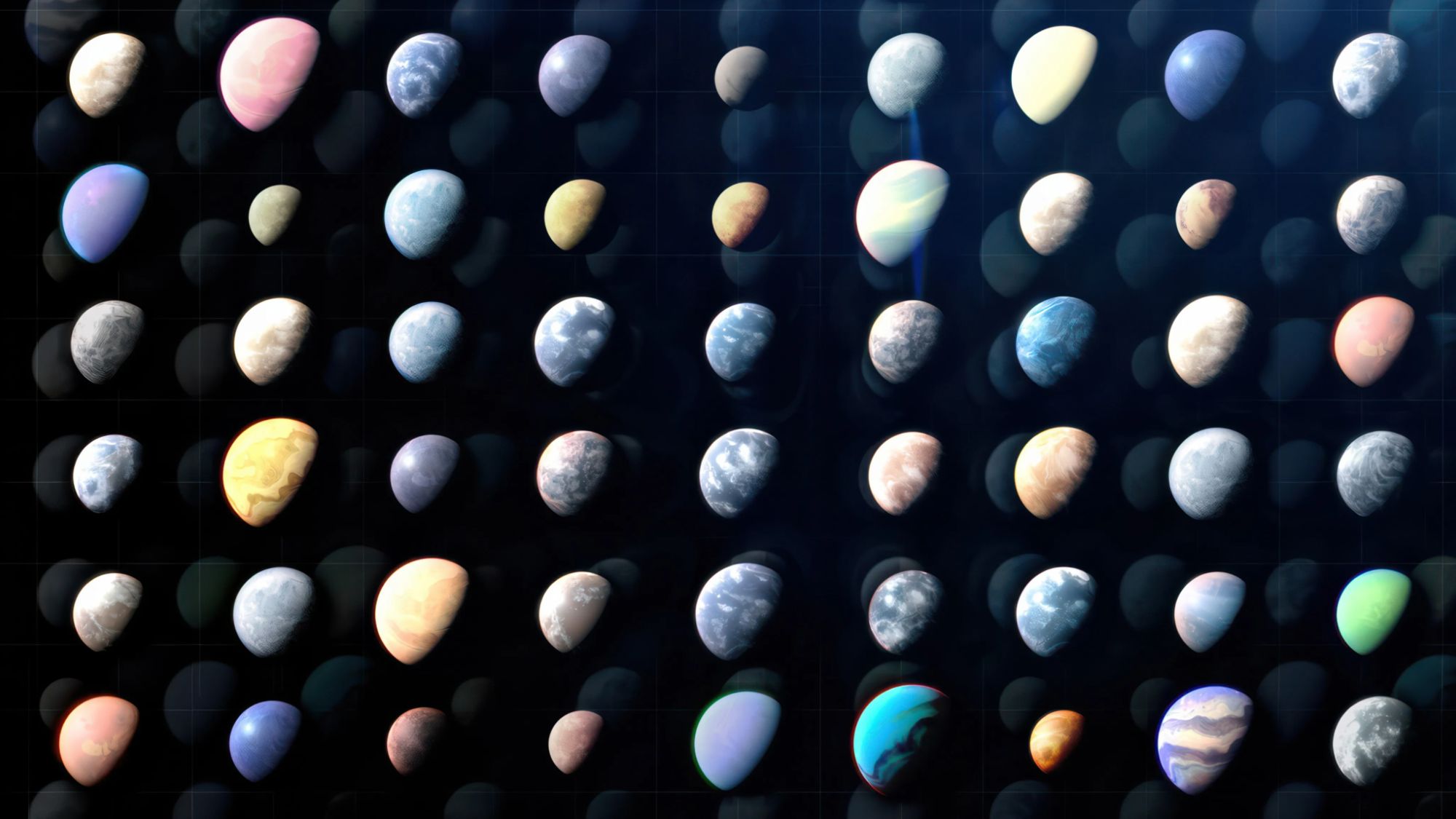 A bunch of exoplanets illustrated on a black screen.