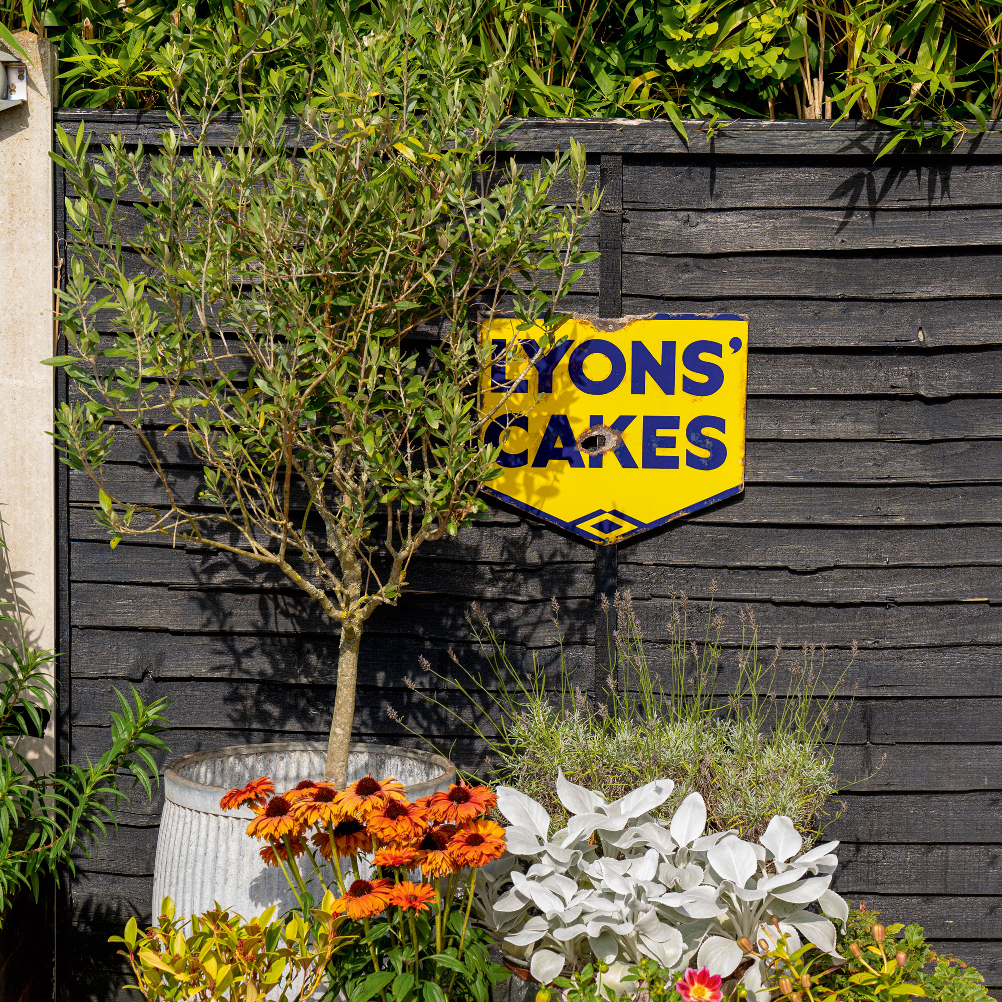 Black fence with pot plants and a yellow sign