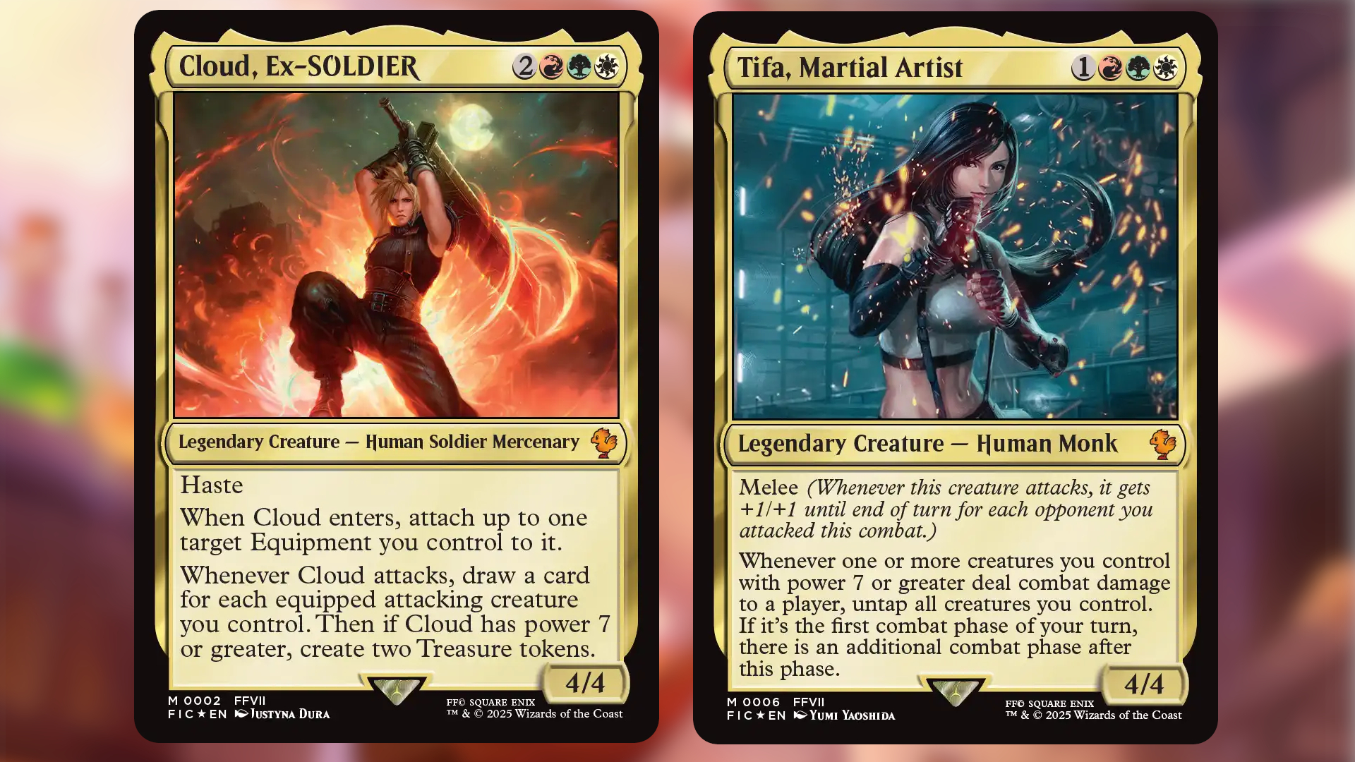 Cloud and Tifa Commander MTG cards on a colorful background