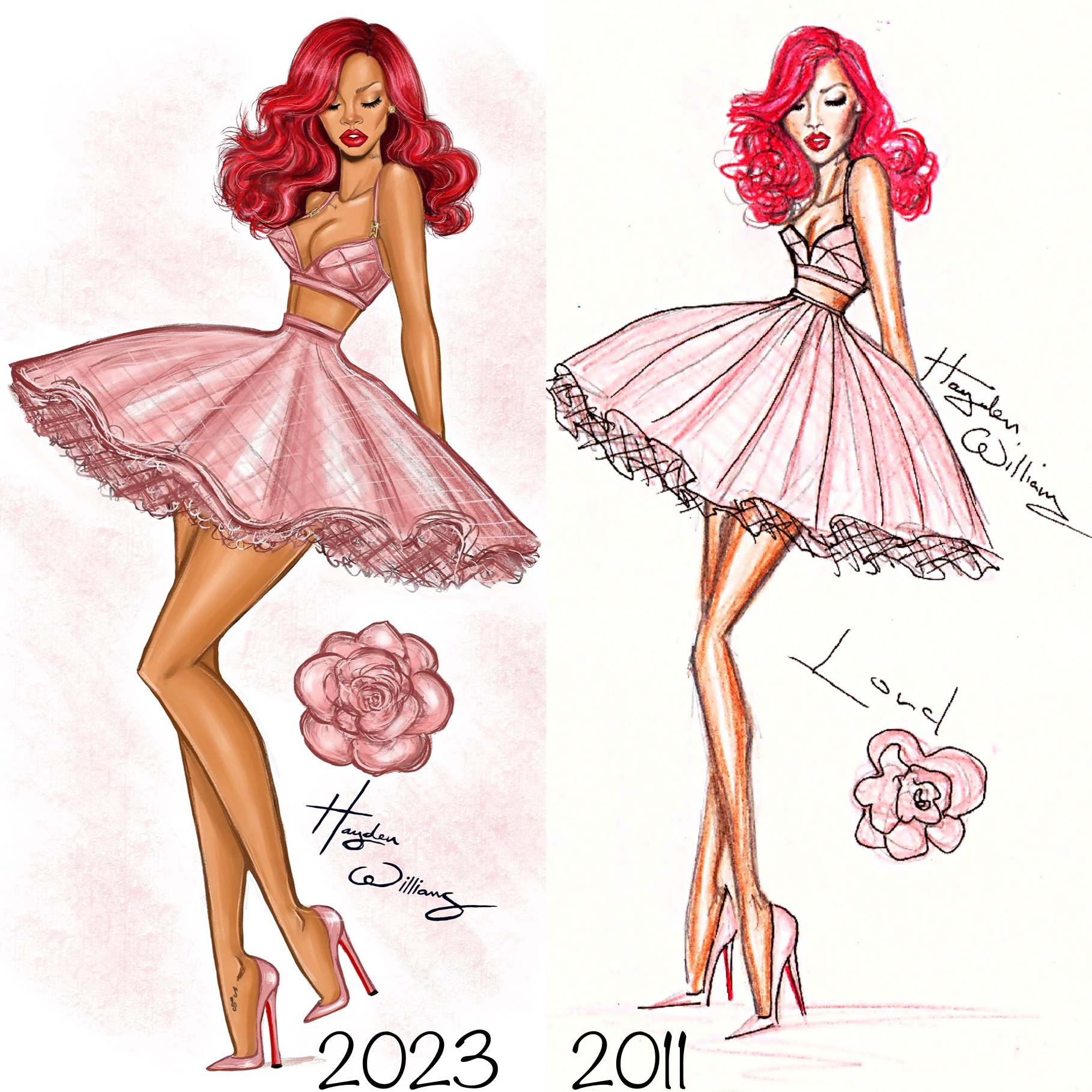 Hayden Williams interview; side by side fashion illustrations of a woman in a pink dress