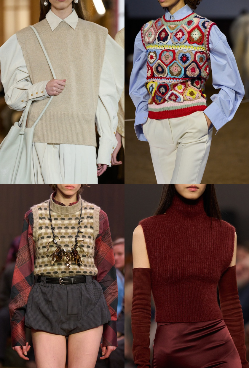 Four images of models from the AW26 runways wearing different knit vests, from crochet and colourful to beige and turtleneck