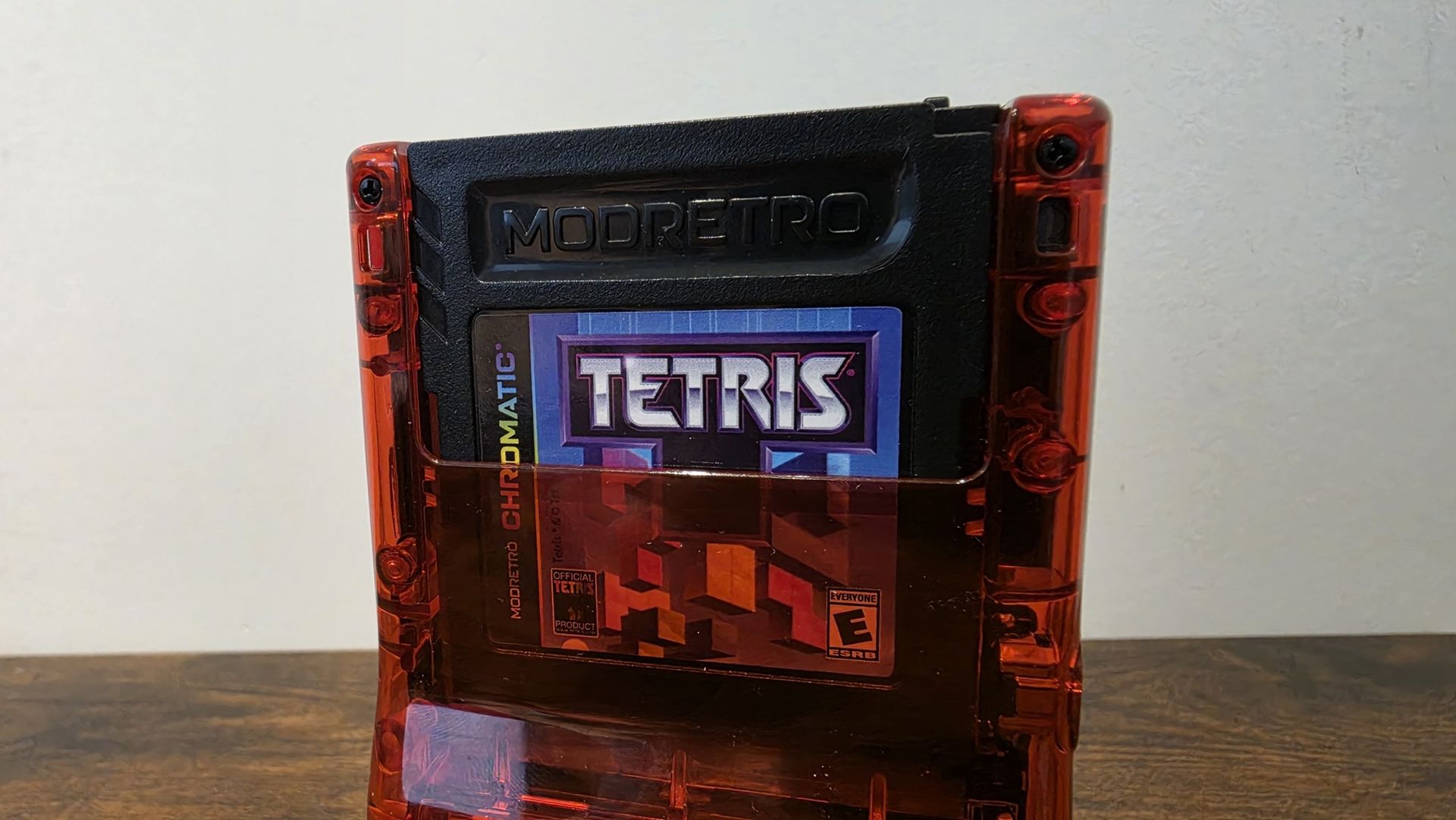 The back of the ModRetro Chromatic Transparent with the Tetris cart in place