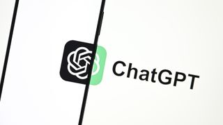 A phone in the left half of the frame, with an all-white screen except for two-thirds of the OpenAI logo (overlapping circles in a knot shape) that is completed by a green version of the logo on the otherwise white background behind the phone. To the right of the logo, black text reads 'ChatGPT'.