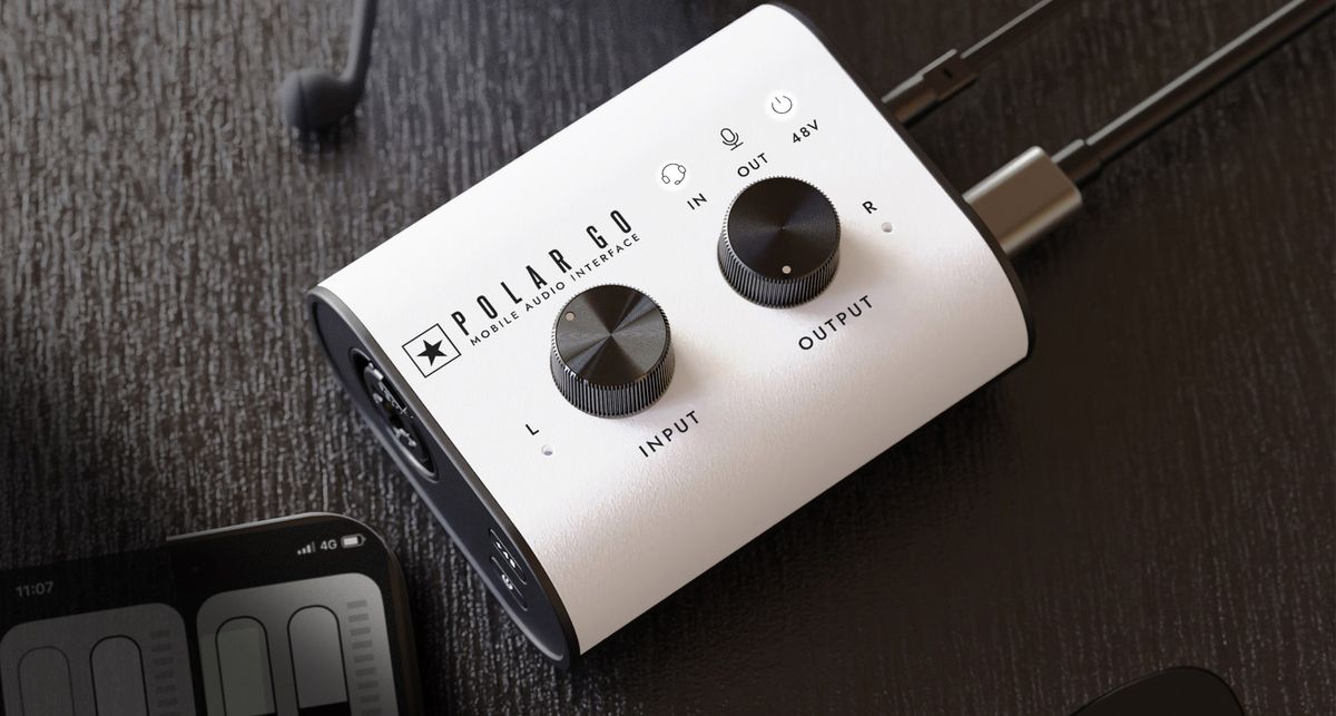 Blackstar Amplification Polar Go: the super-compact audio interface has a white fascia, black knobs and sides, and is small enough to fit inside the palm of your hand.