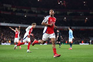 Myles Lewis-Skelly of Arsenal celebrates scoring his team's third goal during the Premier League match between Arsenal FC and Manchester City FC at Emirates Stadium on February 02, 2025 in London, England. 