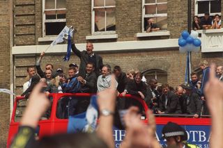 Gianluca Vialli, centre, and his Chelsea team-mates celebrate their FA Cup triumph in 2000 after victory against Aston Villa