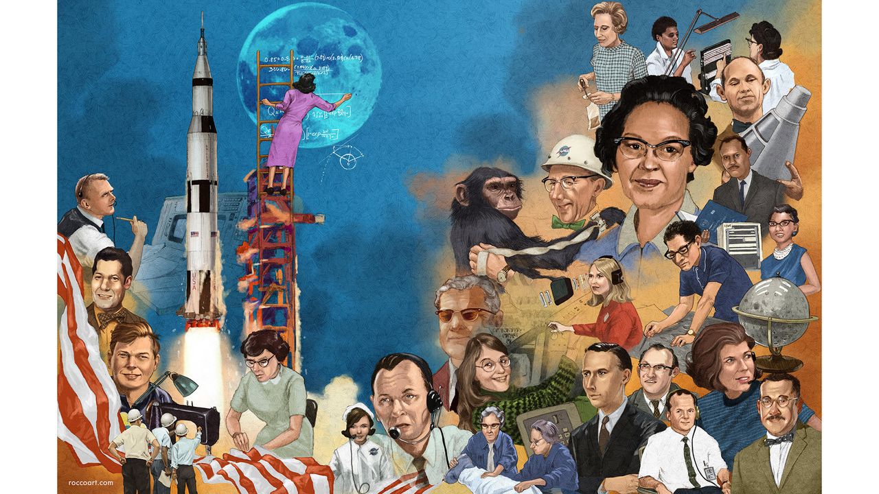 An illustration of some of the people who helped to land the first humans on the moon.