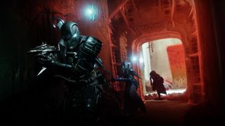 Guardians investigate a corridor in Destiny 2: The Witch Queen