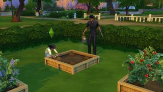 The Sims 4 money: a child Sim tending an allotment while their parent waters the plot