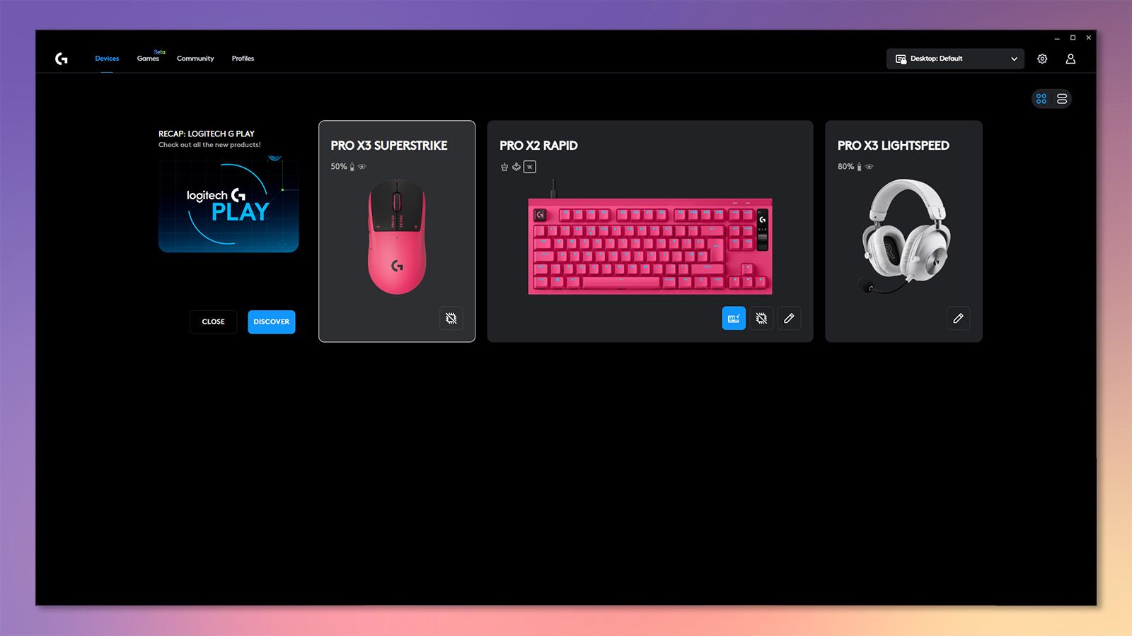 A screenshot showing various Logitech gear being recognized in Logitech's G Hub software.