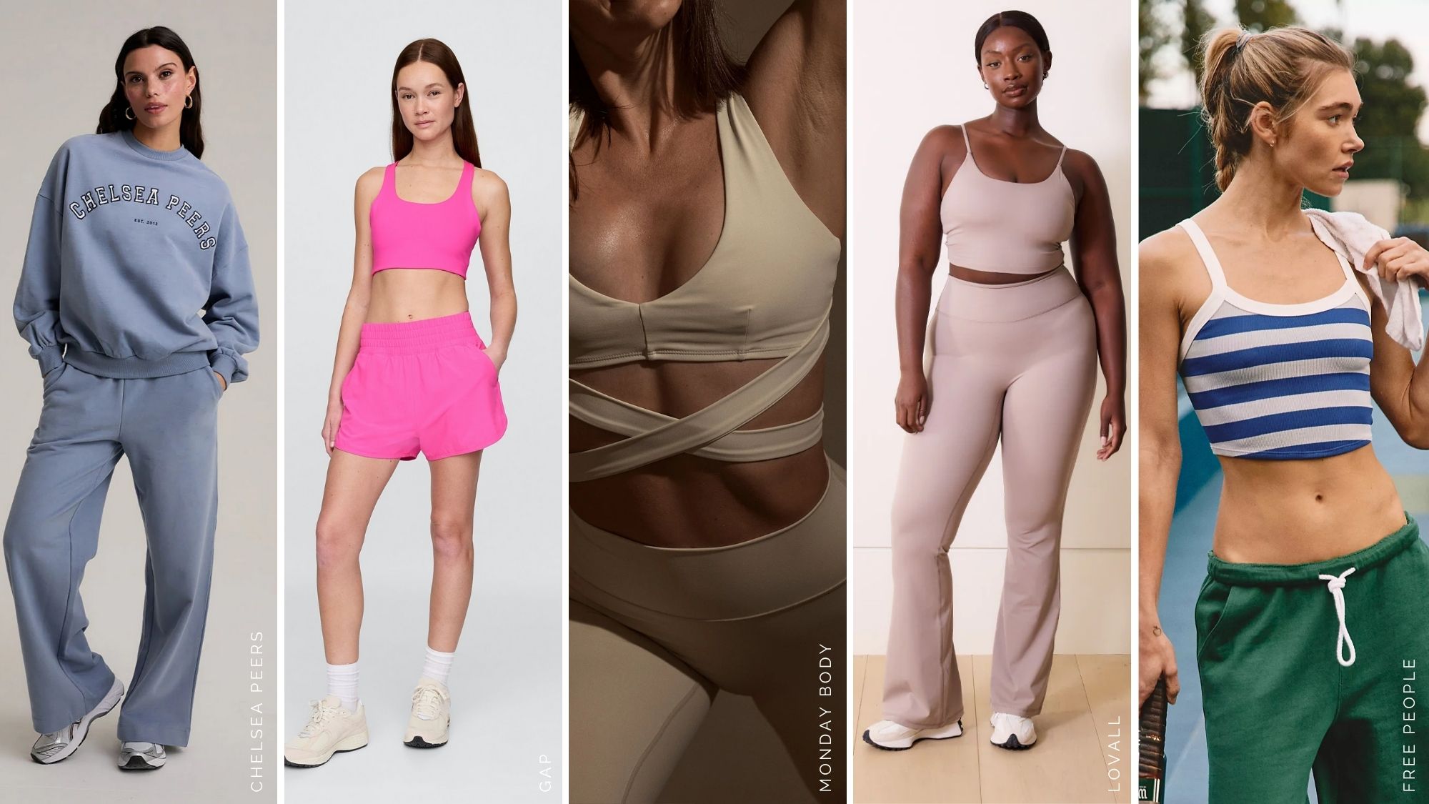 models wearing cool girl activewear brands chelsea peers, gap, monday body, lovall, free people
