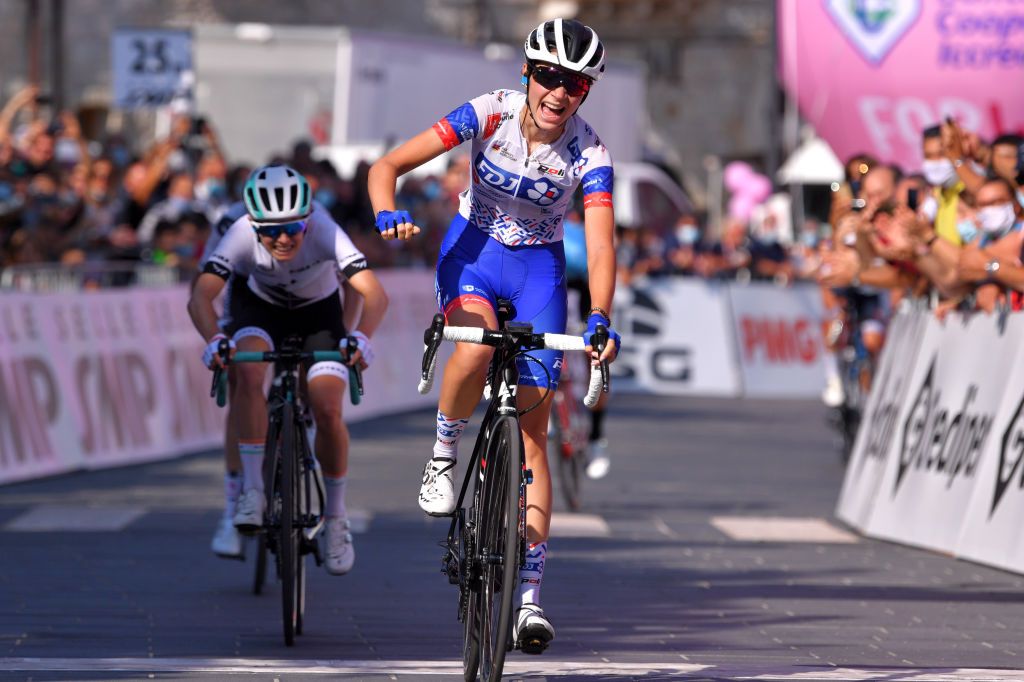MOTTAMONTECORVINO ITALY SEPTEMBER 19 Arrival Evita Muzic of France and Team FDJ Nouvelle Aquitaine Futuroscope Celebration Niamh FisherBlack of New Zealand and Team Paule Ka during the 31st Giro dItalia Internazionale Femminile 2020 Stage 9 a 1099km stage from Motta Montecorvino to Motta Montecorvino 645m GiroRosaIccrea GiroRosa on September 19 2020 in Motta Montecorvino Italy Photo by Luc ClaessenGetty Images