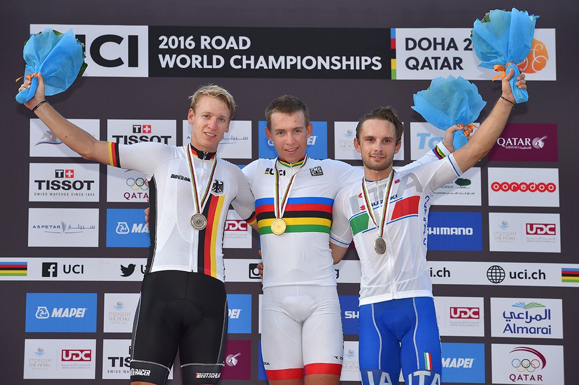 Pascal Ackermann, Kristoffer Halvorsen and Jakub Mareczko made up the U23 men's road race podium at the 2016 World Championships