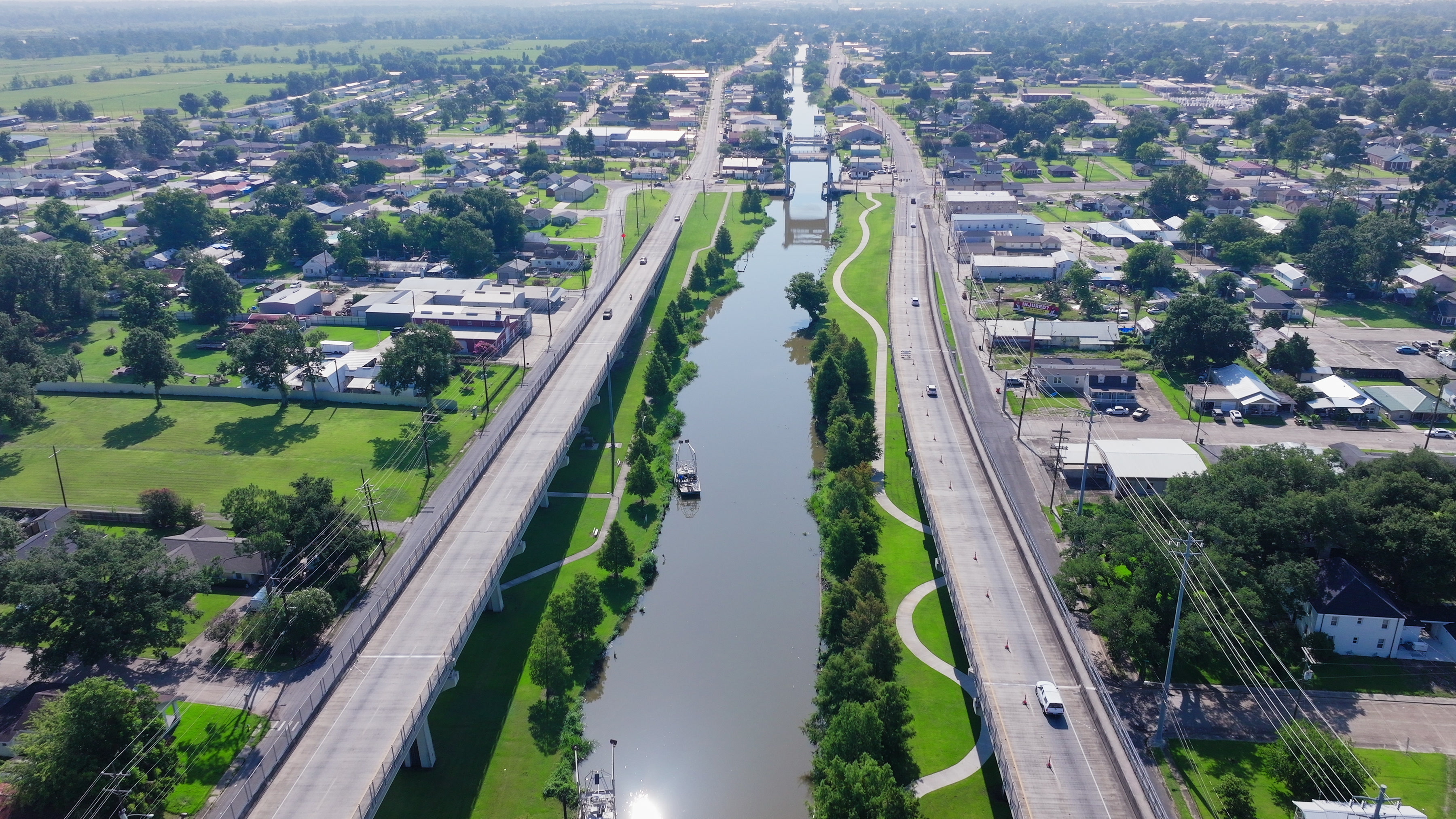 Aerial View of Twin Elevated Highways Along Houma Navigation Canal, Louisiana