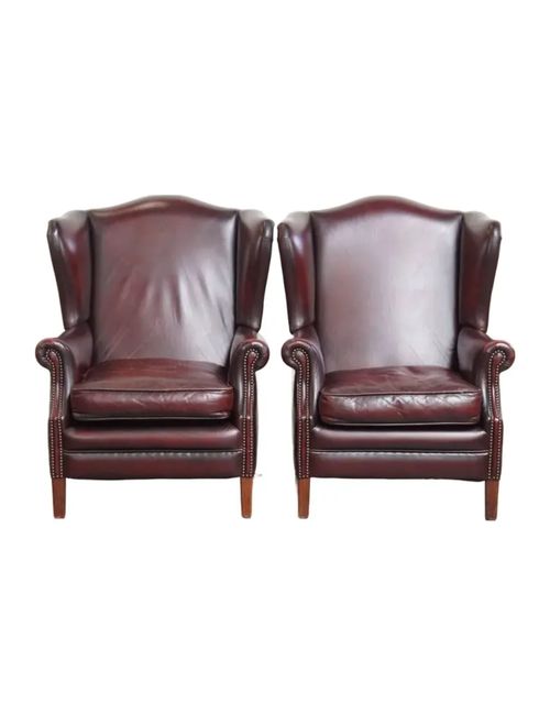 Burgundy Red Cowhide Wing Chairs, Set of 2