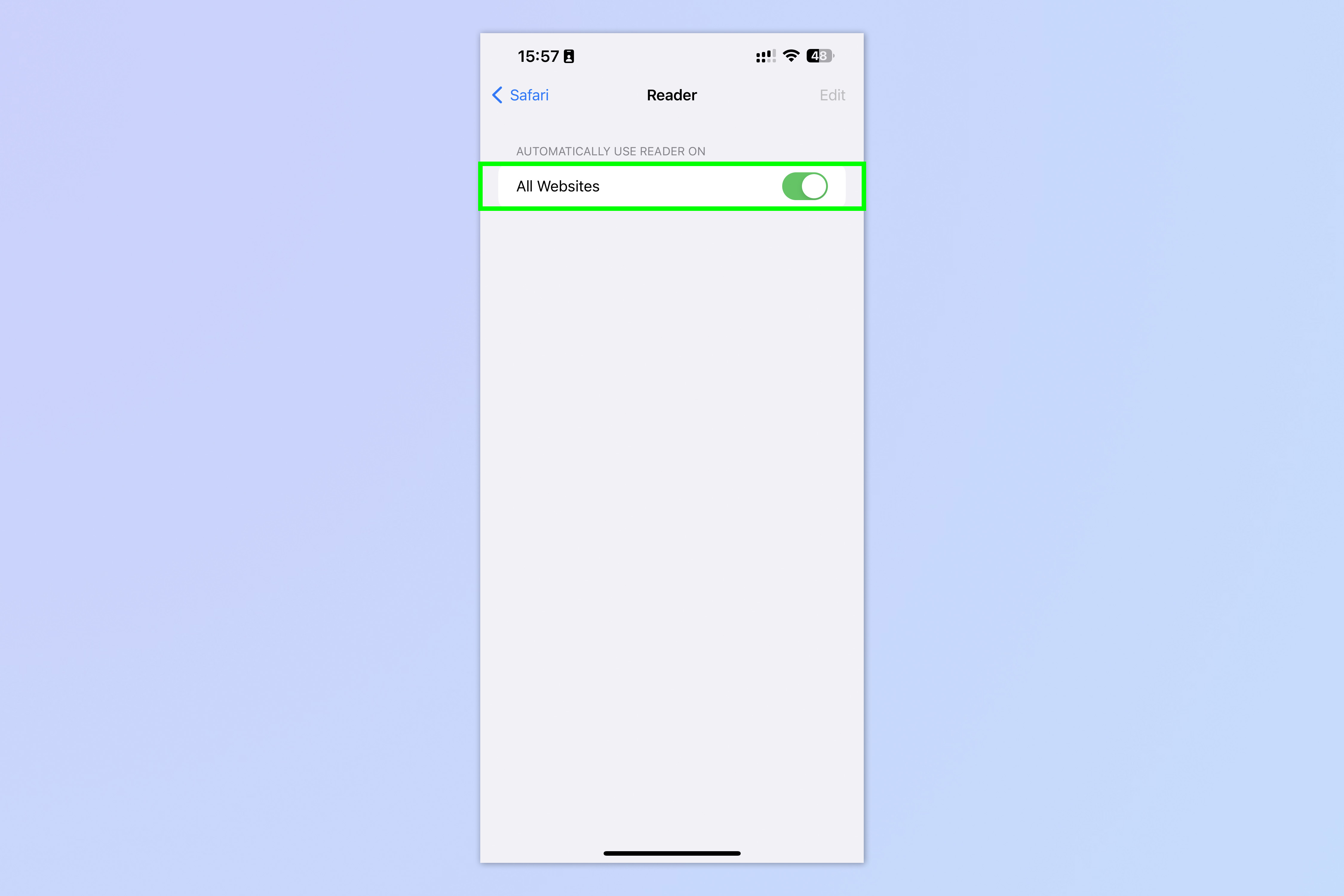 Una captura de pantalla que muestra cómo habilitar iOS Safari Reader en iPhone