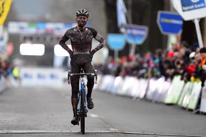 Mathieu van der Poel finishes at Bpost Bank Trofee Azencross.