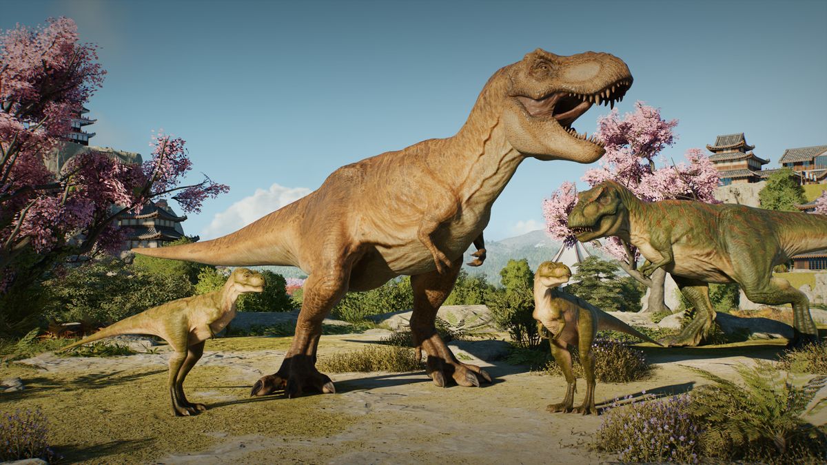 A T. rex with babies in Jurassic World Evolution 3.