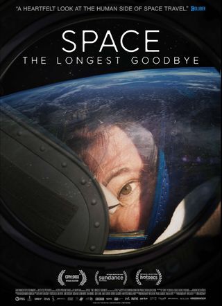 an astronaut peers out of a glass spacesuit helmet under the text "Space: The Longest Goodbye"