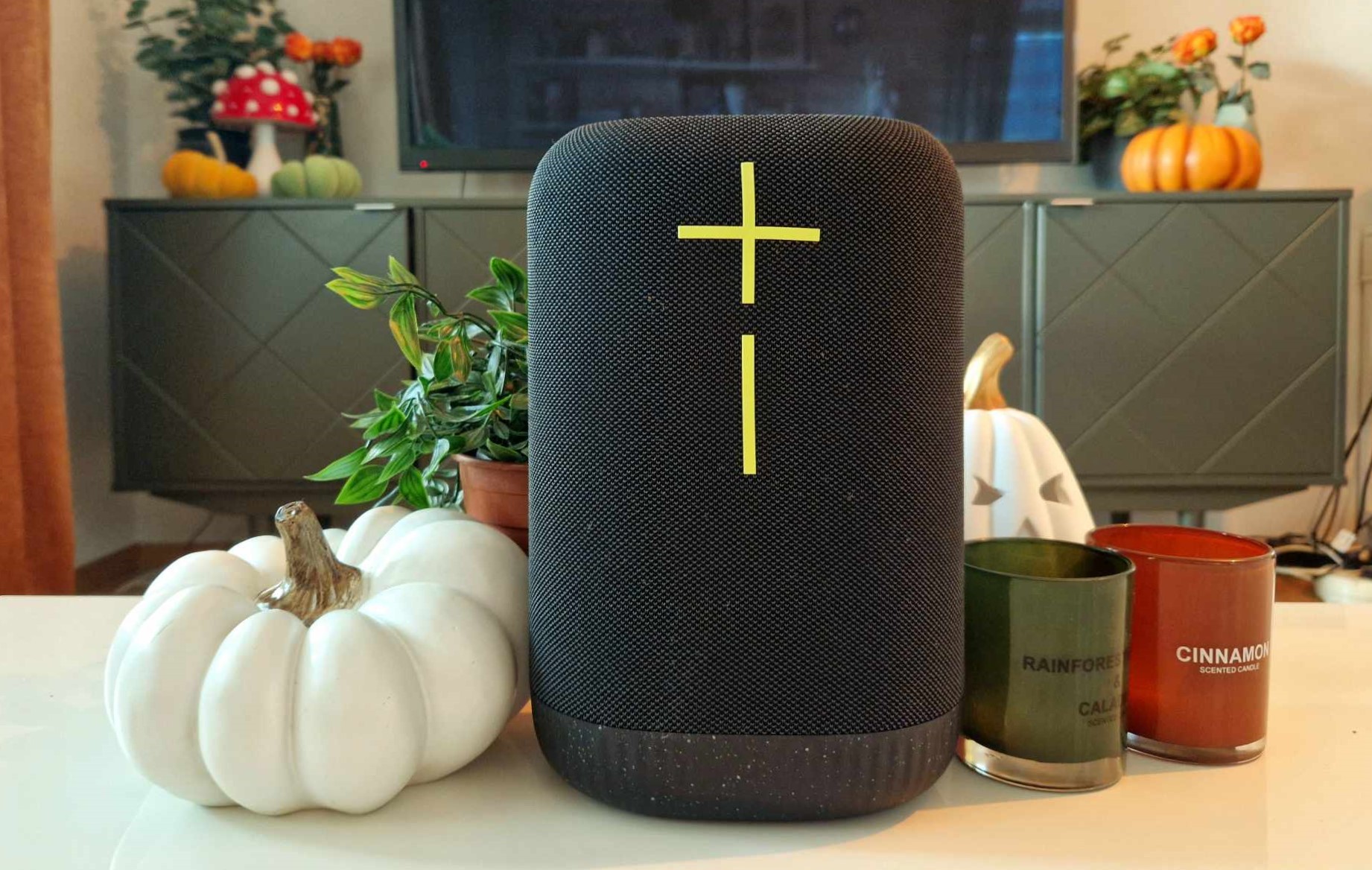 En svart UE Epicboom står på ett vardagsrumsbord med höst/halloween-dekorationer runtom.