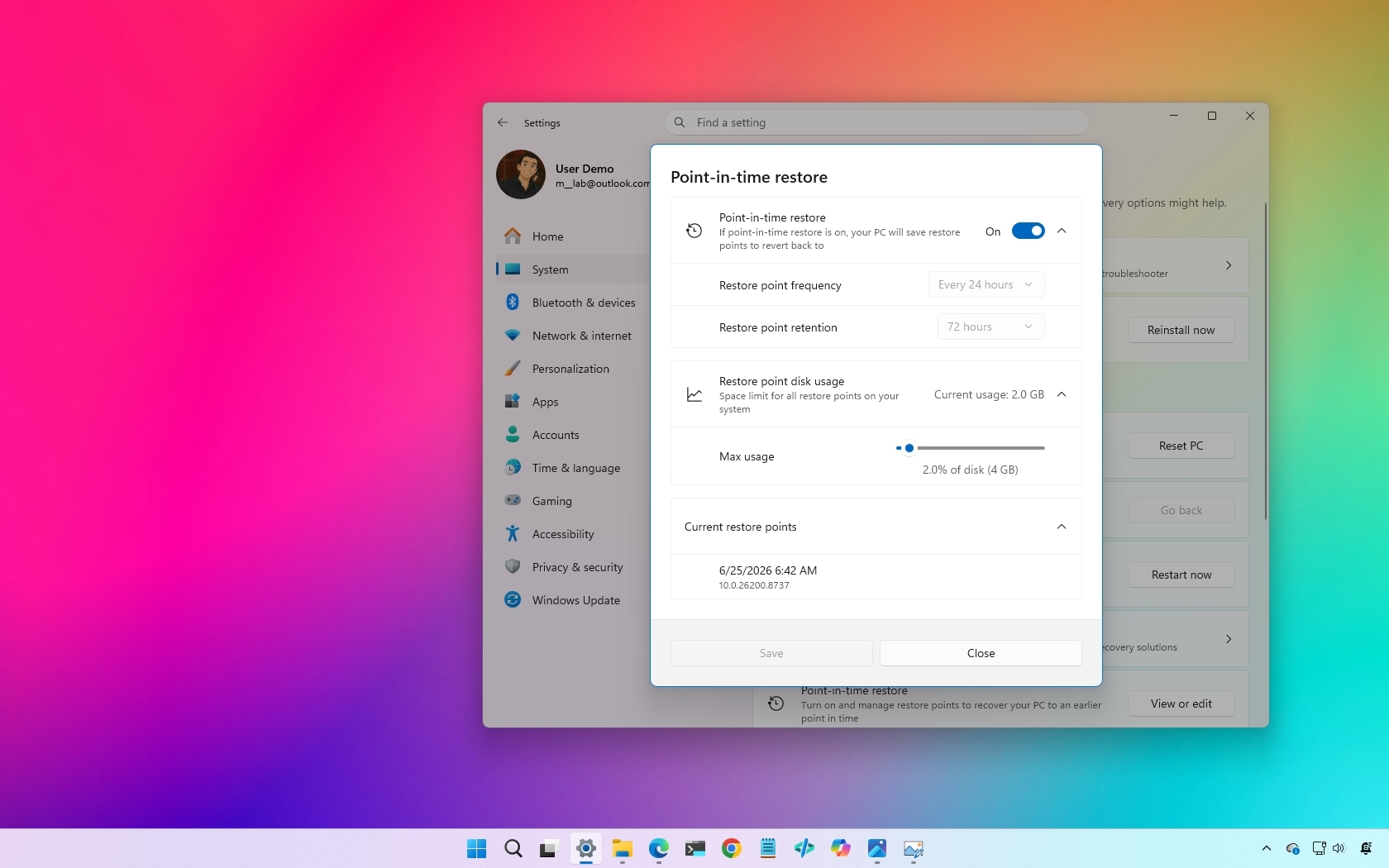 Windows 11 desktop showing the Point-in-time Restore feature settings.