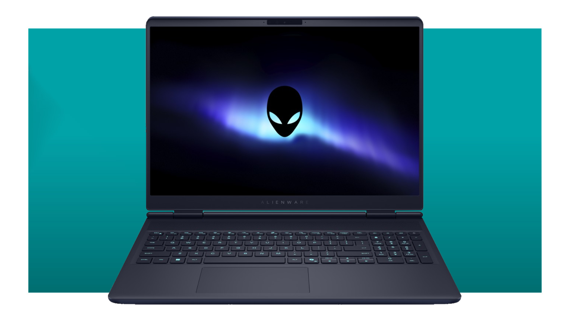 The Alienware Aurora 16 gaming laptop on a teal deals background