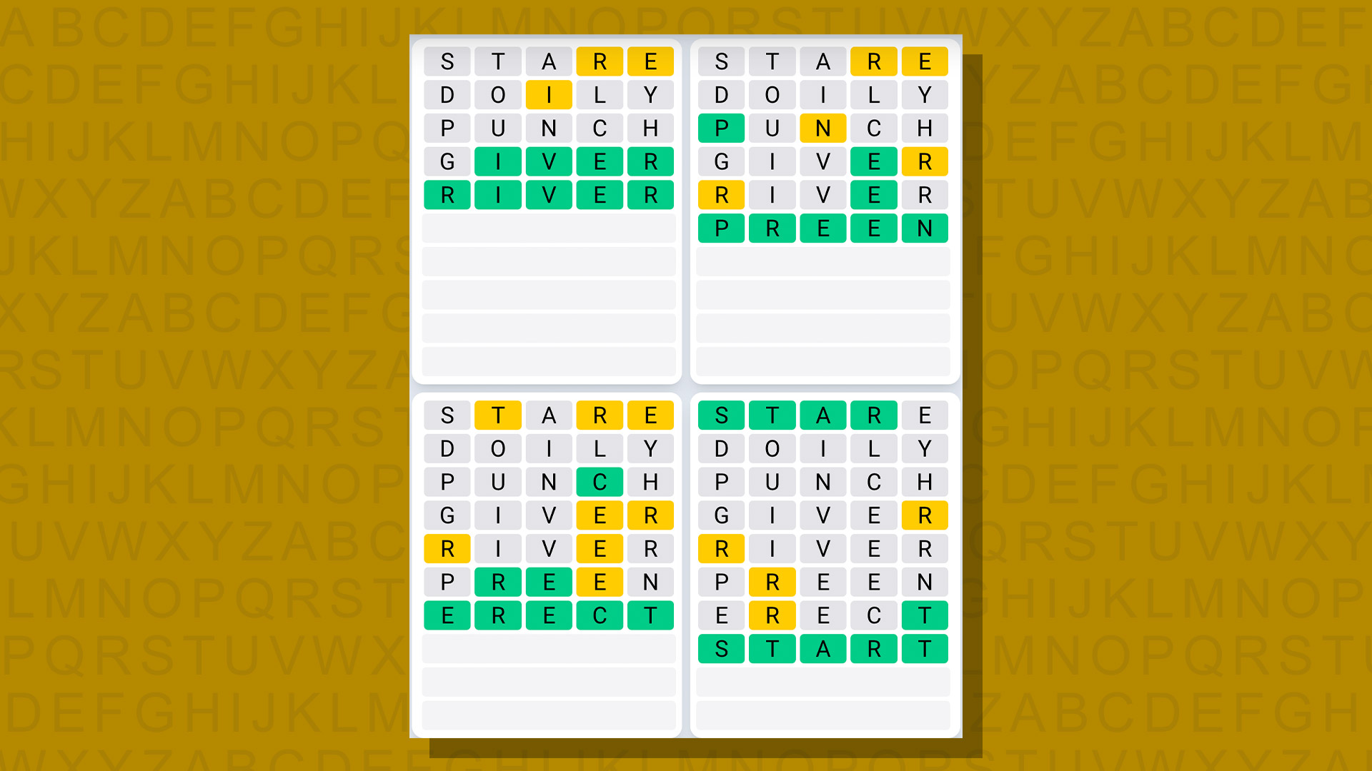 Quordle daily sequence answers for game 690 on a yellow background