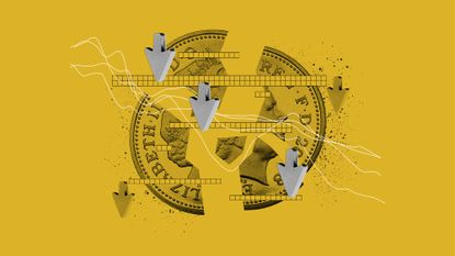 Illustration of a shattered coin and declining stock graph