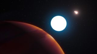 An artist's depiction of the hypothesized planet HD 131399 Ab at bottom left with its three stars to the right.