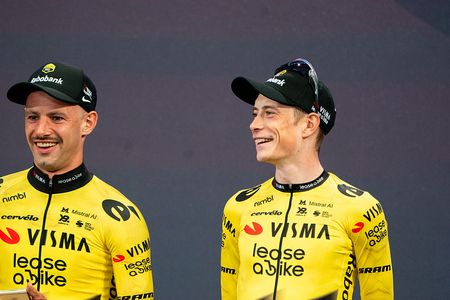 Jonas Vingegaard (left) of the Visma Lease a Bike Pro Cycling Team debuts at the Giro d'Italia alongside pro cyclists Victor Campenaerts, Wilco Kelderman, Timo Kielich, Sepp Kuss, Bart Lemmen, Davide Piganzoli, and Tim Rex during the team presentation of the 109th Giro d'Italia in Burgas, Bulgaria, on May 6, 2026. (Photo by Hristo Rusev/NurPhoto via Getty Images)
