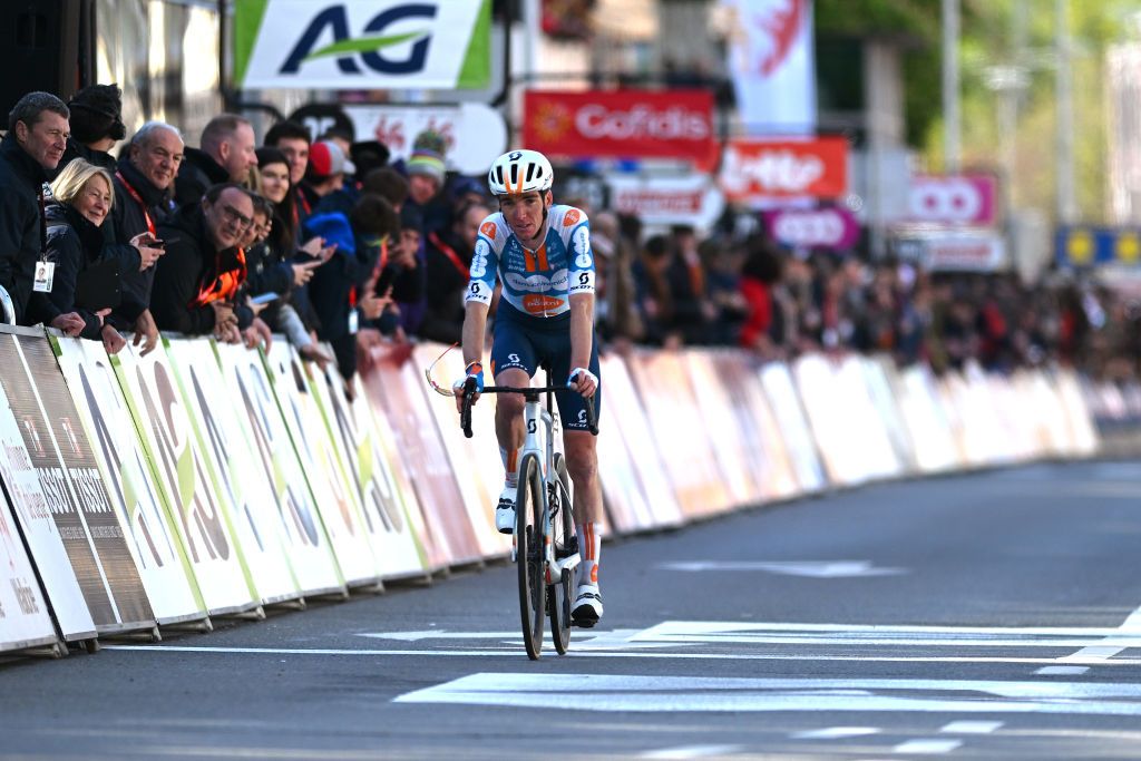 LIEGE BELGIUM APRIL 24 Romain Bardet of France and Team dsmfirmenich PostNL crosses the finish line during the 110th Liege Bastogne Liege 2024 Mens Elite a 2545km one day race from Liege to UCIWT on April 24 2024 in Liege Belgium Photo by Dario BelingheriGetty Images