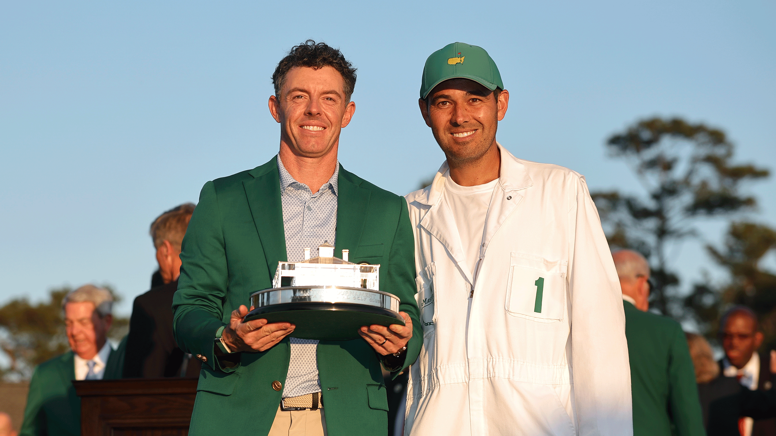 Rory McIlroy and Harry Diamond pose with The Masters trophy following their second win together in 2026