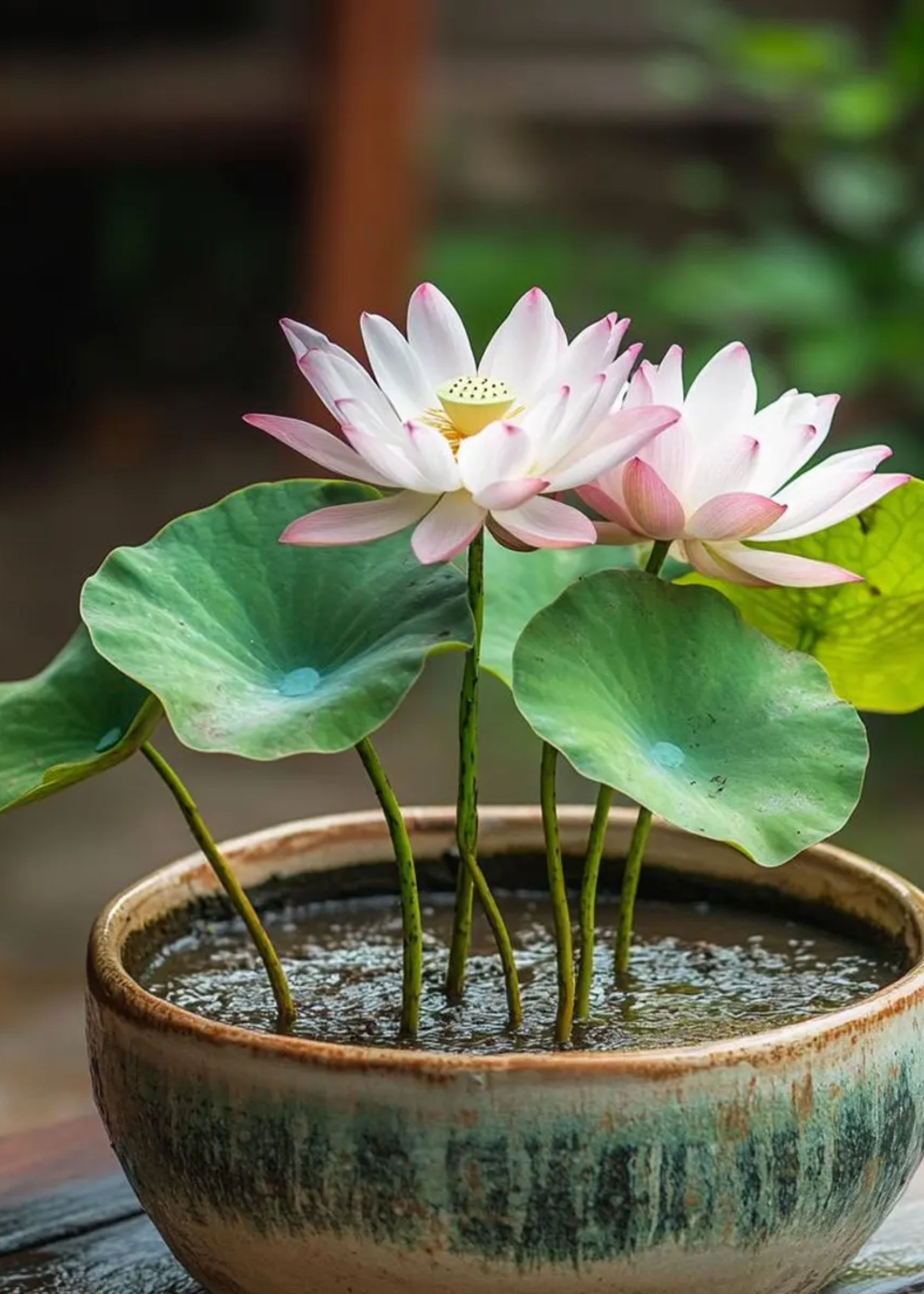 A pair of water lotuses in a small bowl water feature